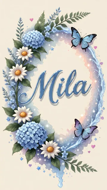Mila diseño 4 - Composición magica con nombre en letra cursiva azul, rodeado de hortensias azules, margaritas blancas y delicadas flores silvestres, enmarcado por suaves remolinos de agua, mariposas azules y destellos estelares sobre un fondo etéreo y romántico.