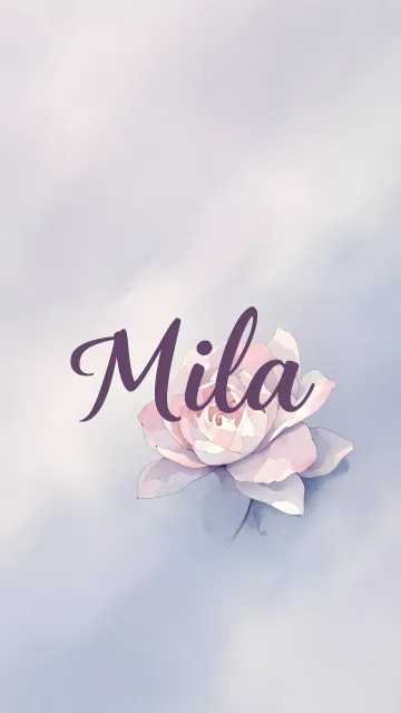 Mila diseño 5 - Nombre en elegante tipografía cursiva caligráfica en tono lavanda, sobre fondo acuarela de cielo nublado en tonos pastel (azul, blanco, lavanda), decorado con rosa en acuarela de pétalos rosa pálido, blanco crema y lilas suaves con hojas en gris-verde.