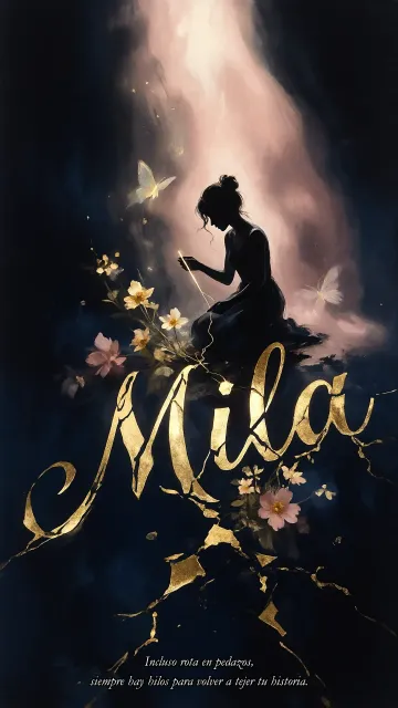 Mila diseño 6 - Composición de ilustración semirrealista cinematográfica con silueta femenina tejiendo un hilo dorado de luz sobre un suelo oscuro fracturado al estilo Kintsugi, donde el nombre resalta en un prominente guión caligráfico dorado que emerge de las grietas, rodeado de flores blancas, mariposas y un fondo degradado de azules profundos iluminado por una luz celestial en tonos melocotón y crema, con una frase de aliento en tipografía blanca en la parte inferior.