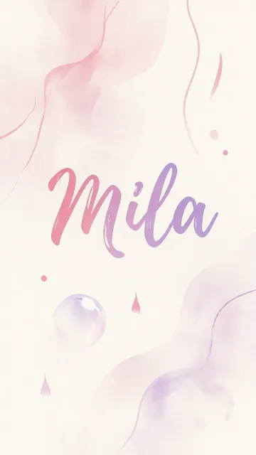 Mila diseño 7 - Diseño abstracto en acuarela sobre fondo crema, con manchas fluidas y etéreas en rosa pastel y lila, líneas curvas que aportan movimiento, pequeñas gotas salpicadas cayendo verticalmente y una burbuja translúcida en la parte superior izquierda. El nombre resalta al centro con una tipografía cursiva amplia y elegante en degradado rosa a morado.