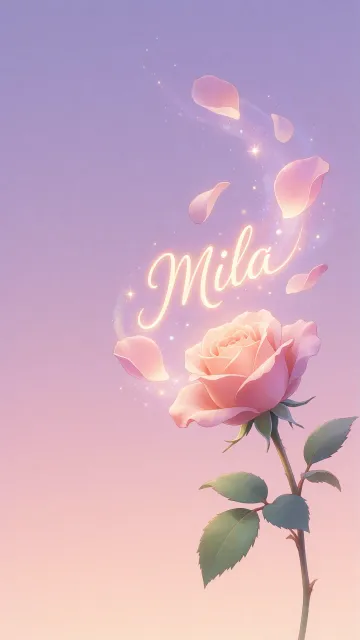 Mila diseño 8 - Fondo de Pantalla con degradado suave que transiciona de lila en la parte superior a melocotón y rosa pastel en la base, destacando una rosa rosada hiperrealista con tallo y hojas verdes. El nombre brilla en tipografía cursiva con efecto neón cálido, adornado con pétalos cayendo y chispas de luz mágica.