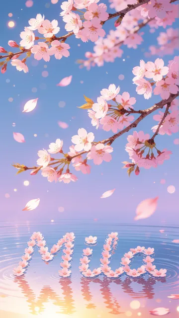 Mila diseño 9 - Composición serena y onírica con ramas de cerezo en flor (sakura) en la parte superior contra un cielo en degradado de azul suave y lila. Pétalos de color rosa pastel flotan delicadamente en el aire cayendo hacia una superficie de agua tranquila y cristalina. En el centro inferior, el nombre está formado por pétalos de flores con un sutil efecto de relieve 3D y tipografía floral, reflejándose sobre el agua que está iluminada por un cálido destello dorado de luz solar en la esquina inferior derecha.