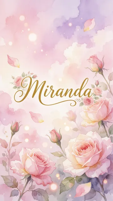 Miranda diseño 10 - Diseño estilo acuarela con un fondo etéreo y texturizado en nubes de tonos rosa pastel y lila suave. Presenta composiciones de rosas abiertas y capullos en los bordes inferior y superior, con pétalos cayendo delicadamente. Incorpora destellos de luz cálida (efecto bokeh) y, en el centro, resalta una tipografía elegante, cursiva y fluida en color dorado.