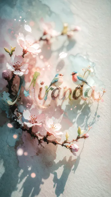 Miranda diseño 11 - Un delicado diseño de estilo acuarela digital que combina una tipografía de caligrafía personalizada para el nombre en tonos dorados y rosados suaves, adornada con pequeñas hojas y brotes. Un pajarito azul y naranja vibrante está posado en una de las letras. Todo está rodeado por un marco circular de ramas de cerezo en flor con delicadas flores rosadas y blancas. El fondo es un lavado de acuarela difuminado en tonos pastel suaves de azul cerceta, rosa rubor y melocotón sobre una textura de papel rugoso, con destellos luminosos y motas de luz bokeh flotando alrededor, creando una atmósfera mágica y soñadora. Las sombras suaves proyectadas añaden profundidad.