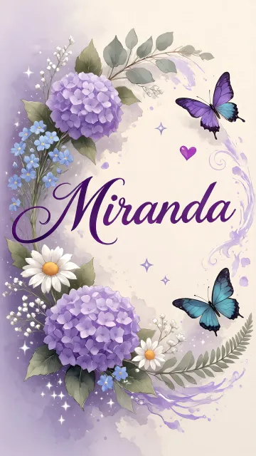 Miranda diseño 2 - Diseño elegante de hortensias en tonos lila y morados suaves, con volutas estilizadas y una mariposa mística que aporta un toque etéreo y mágico.