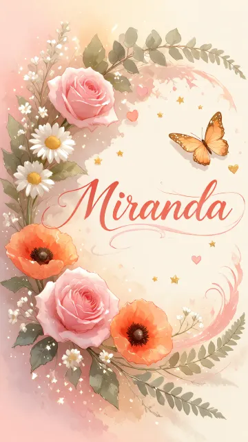 Miranda diseño 3 - Elegante composición de rosas rosadas y amapolas naranjas con mariposas doradas brillantes sobre un fondo cálido, romántico y mágico.