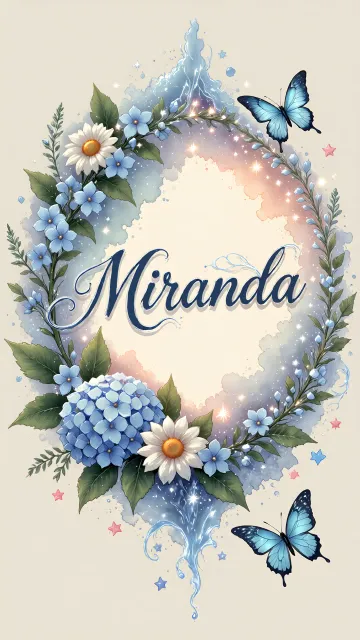 Miranda diseño 4 - Composición magica con nombre en letra cursiva azul, rodeado de hortensias azules, margaritas blancas y delicadas flores silvestres, enmarcado por suaves remolinos de agua, mariposas azules y destellos estelares sobre un fondo etéreo y romántico.