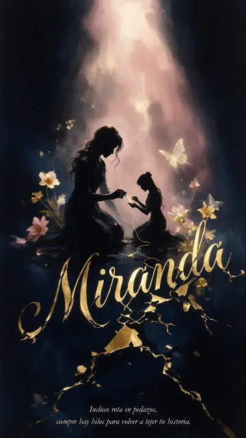 Miranda diseño 6 - Composición de ilustración semirrealista cinematográfica con silueta femenina tejiendo un hilo dorado de luz sobre un suelo oscuro fracturado al estilo Kintsugi, donde el nombre resalta en un prominente guión caligráfico dorado que emerge de las grietas, rodeado de flores blancas, mariposas y un fondo degradado de azules profundos iluminado por una luz celestial en tonos melocotón y crema, con una frase de aliento en tipografía blanca en la parte inferior.