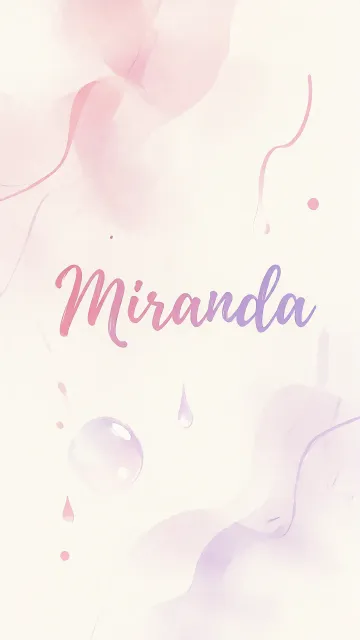 Miranda diseño 7 - Diseño abstracto en acuarela sobre fondo crema, con manchas fluidas y etéreas en rosa pastel y lila, líneas curvas que aportan movimiento, pequeñas gotas salpicadas cayendo verticalmente y una burbuja translúcida en la parte superior izquierda. El nombre resalta al centro con una tipografía cursiva amplia y elegante en degradado rosa a morado.