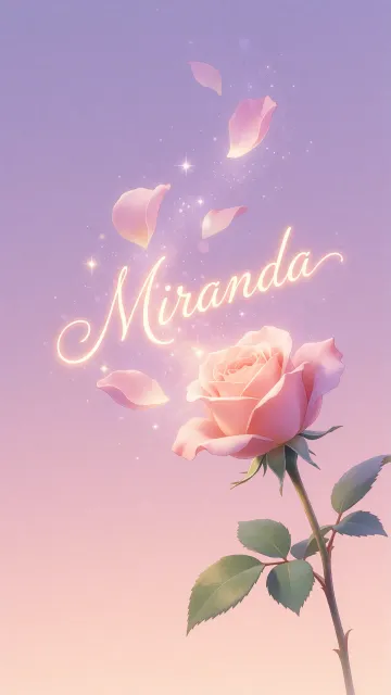 Miranda diseño 8 - Fondo de Pantalla con degradado suave que transiciona de lila en la parte superior a melocotón y rosa pastel en la base, destacando una rosa rosada hiperrealista con tallo y hojas verdes. El nombre brilla en tipografía cursiva con efecto neón cálido, adornado con pétalos cayendo y chispas de luz mágica.