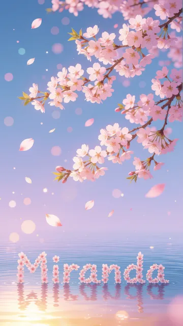 Miranda diseño 9 - Composición serena y onírica con ramas de cerezo en flor (sakura) en la parte superior contra un cielo en degradado de azul suave y lila. Pétalos de color rosa pastel flotan delicadamente en el aire cayendo hacia una superficie de agua tranquila y cristalina. En el centro inferior, el nombre está formado por pétalos de flores con un sutil efecto de relieve 3D y tipografía floral, reflejándose sobre el agua que está iluminada por un cálido destello dorado de luz solar en la esquina inferior derecha.