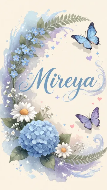 Mireya diseño 1 - Hortensias azules, flores pequeñas y acuarela suave con mariposas azules y brillo etéreo
