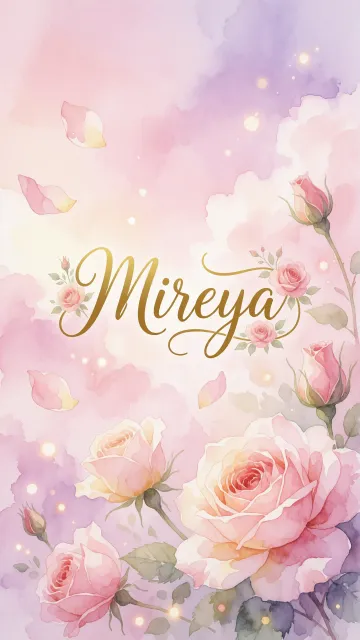 Mireya diseño 10 - Diseño estilo acuarela con un fondo etéreo y texturizado en nubes de tonos rosa pastel y lila suave. Presenta composiciones de rosas abiertas y capullos en los bordes inferior y superior, con pétalos cayendo delicadamente. Incorpora destellos de luz cálida (efecto bokeh) y, en el centro, resalta una tipografía elegante, cursiva y fluida en color dorado.