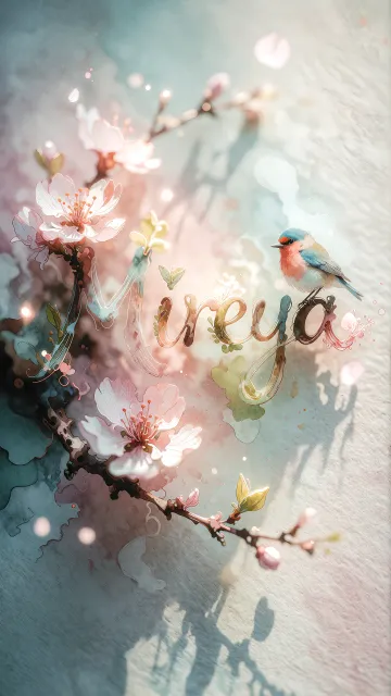 Mireya diseño 11 - Un delicado diseño de estilo acuarela digital que combina una tipografía de caligrafía personalizada para el nombre en tonos dorados y rosados suaves, adornada con pequeñas hojas y brotes. Un pajarito azul y naranja vibrante está posado en una de las letras. Todo está rodeado por un marco circular de ramas de cerezo en flor con delicadas flores rosadas y blancas. El fondo es un lavado de acuarela difuminado en tonos pastel suaves de azul cerceta, rosa rubor y melocotón sobre una textura de papel rugoso, con destellos luminosos y motas de luz bokeh flotando alrededor, creando una atmósfera mágica y soñadora. Las sombras suaves proyectadas añaden profundidad.