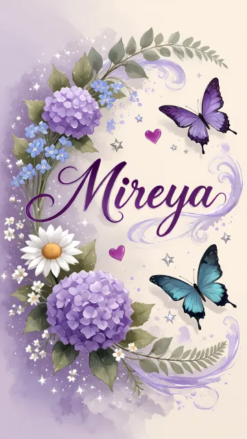 Mireya diseño 2 - Diseño elegante de hortensias en tonos lila y morados suaves, con volutas estilizadas y una mariposa mística que aporta un toque etéreo y mágico.