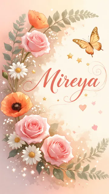 Mireya diseño 3 - Elegante composición de rosas rosadas y amapolas naranjas con mariposas doradas brillantes sobre un fondo cálido, romántico y mágico.