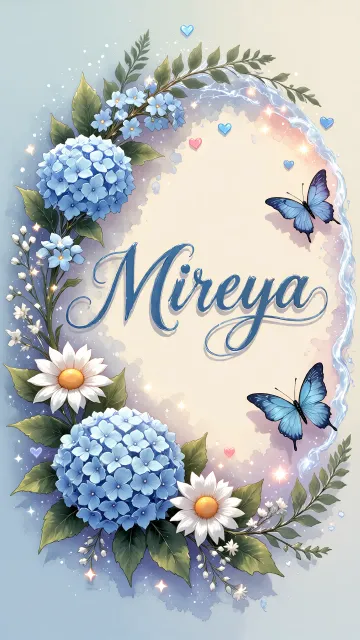 Mireya diseño 4 - Composición magica con nombre en letra cursiva azul, rodeado de hortensias azules, margaritas blancas y delicadas flores silvestres, enmarcado por suaves remolinos de agua, mariposas azules y destellos estelares sobre un fondo etéreo y romántico.