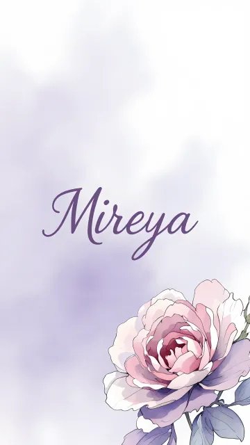 Mireya diseño 5 - Nombre en elegante tipografía cursiva caligráfica en tono lavanda, sobre fondo acuarela de cielo nublado en tonos pastel (azul, blanco, lavanda), decorado con rosa en acuarela de pétalos rosa pálido, blanco crema y lilas suaves con hojas en gris-verde.