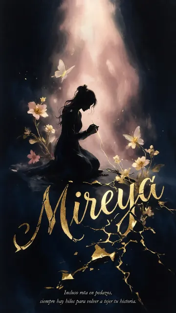 Mireya diseño 6 - Composición de ilustración semirrealista cinematográfica con silueta femenina tejiendo un hilo dorado de luz sobre un suelo oscuro fracturado al estilo Kintsugi, donde el nombre resalta en un prominente guión caligráfico dorado que emerge de las grietas, rodeado de flores blancas, mariposas y un fondo degradado de azules profundos iluminado por una luz celestial en tonos melocotón y crema, con una frase de aliento en tipografía blanca en la parte inferior.