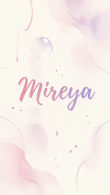 Mireya diseño 7 - Diseño abstracto en acuarela sobre fondo crema, con manchas fluidas y etéreas en rosa pastel y lila, líneas curvas que aportan movimiento, pequeñas gotas salpicadas cayendo verticalmente y una burbuja translúcida en la parte superior izquierda. El nombre resalta al centro con una tipografía cursiva amplia y elegante en degradado rosa a morado.