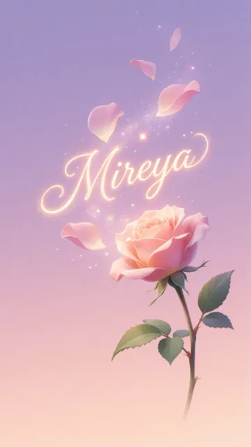 Mireya diseño 8 - Fondo de Pantalla con degradado suave que transiciona de lila en la parte superior a melocotón y rosa pastel en la base, destacando una rosa rosada hiperrealista con tallo y hojas verdes. El nombre brilla en tipografía cursiva con efecto neón cálido, adornado con pétalos cayendo y chispas de luz mágica.