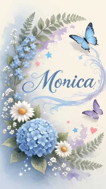 Monica diseño 1 - Hortensias azules, flores pequeñas y acuarela suave con mariposas azules y brillo etéreo