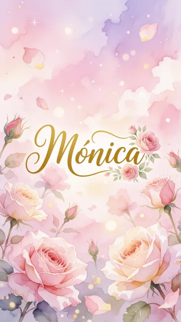 Monica diseño 10 - Diseño estilo acuarela con un fondo etéreo y texturizado en nubes de tonos rosa pastel y lila suave. Presenta composiciones de rosas abiertas y capullos en los bordes inferior y superior, con pétalos cayendo delicadamente. Incorpora destellos de luz cálida (efecto bokeh) y, en el centro, resalta una tipografía elegante, cursiva y fluida en color dorado.