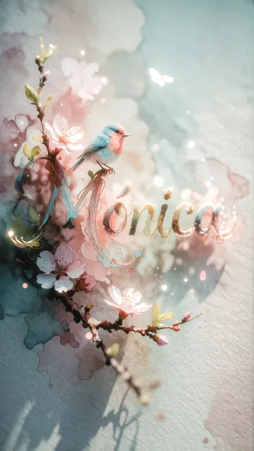 Monica diseño 11 - Un delicado diseño de estilo acuarela digital que combina una tipografía de caligrafía personalizada para el nombre en tonos dorados y rosados suaves, adornada con pequeñas hojas y brotes. Un pajarito azul y naranja vibrante está posado en una de las letras. Todo está rodeado por un marco circular de ramas de cerezo en flor con delicadas flores rosadas y blancas. El fondo es un lavado de acuarela difuminado en tonos pastel suaves de azul cerceta, rosa rubor y melocotón sobre una textura de papel rugoso, con destellos luminosos y motas de luz bokeh flotando alrededor, creando una atmósfera mágica y soñadora. Las sombras suaves proyectadas añaden profundidad.