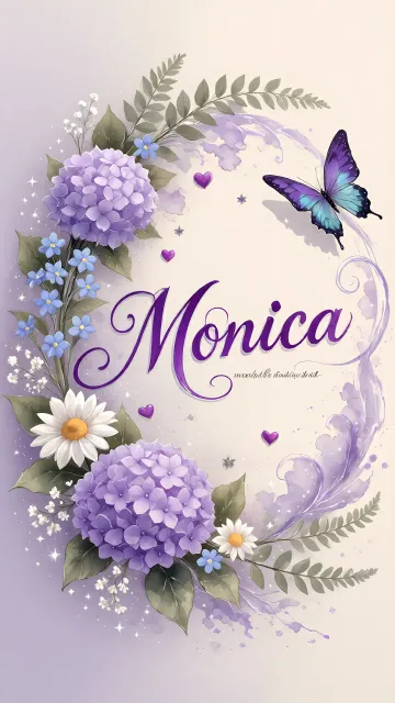 Monica diseño 2 - Diseño elegante de hortensias en tonos lila y morados suaves, con volutas estilizadas y una mariposa mística que aporta un toque etéreo y mágico.