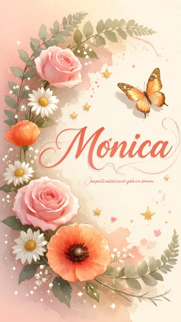 Monica diseño 3 - Elegante composición de rosas rosadas y amapolas naranjas con mariposas doradas brillantes sobre un fondo cálido, romántico y mágico.
