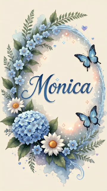 Monica diseño 4 - Composición magica con nombre en letra cursiva azul, rodeado de hortensias azules, margaritas blancas y delicadas flores silvestres, enmarcado por suaves remolinos de agua, mariposas azules y destellos estelares sobre un fondo etéreo y romántico.