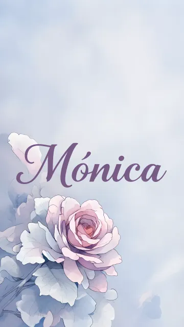 Monica diseño 5 - Nombre en elegante tipografía cursiva caligráfica en tono lavanda, sobre fondo acuarela de cielo nublado en tonos pastel (azul, blanco, lavanda), decorado con rosa en acuarela de pétalos rosa pálido, blanco crema y lilas suaves con hojas en gris-verde.
