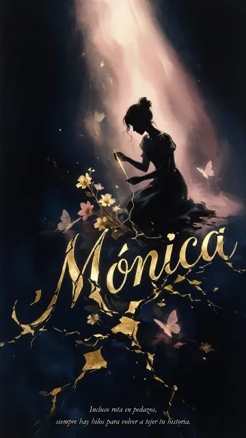 Monica diseño 6 - Composición de ilustración semirrealista cinematográfica con silueta femenina tejiendo un hilo dorado de luz sobre un suelo oscuro fracturado al estilo Kintsugi, donde el nombre resalta en un prominente guión caligráfico dorado que emerge de las grietas, rodeado de flores blancas, mariposas y un fondo degradado de azules profundos iluminado por una luz celestial en tonos melocotón y crema, con una frase de aliento en tipografía blanca en la parte inferior.