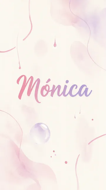 Monica diseño 7 - Diseño abstracto en acuarela sobre fondo crema, con manchas fluidas y etéreas en rosa pastel y lila, líneas curvas que aportan movimiento, pequeñas gotas salpicadas cayendo verticalmente y una burbuja translúcida en la parte superior izquierda. El nombre resalta al centro con una tipografía cursiva amplia y elegante en degradado rosa a morado.