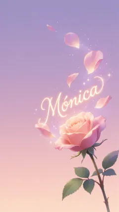 Monica - Fondo de Pantalla con degradado suave que transiciona de lila en la parte superior a melocotón y rosa pastel en la base, destacando una rosa rosada hiperrealista con tallo y hojas verdes. El nombre brilla en tipografía cursiva con efecto neón cálido, adornado con pétalos cayendo y chispas de luz mágica.