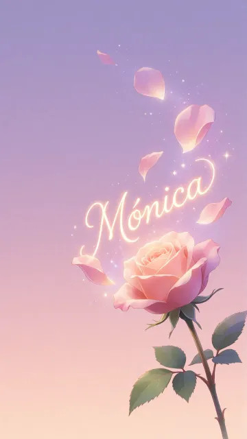 Monica diseño 8 - Fondo de Pantalla con degradado suave que transiciona de lila en la parte superior a melocotón y rosa pastel en la base, destacando una rosa rosada hiperrealista con tallo y hojas verdes. El nombre brilla en tipografía cursiva con efecto neón cálido, adornado con pétalos cayendo y chispas de luz mágica.