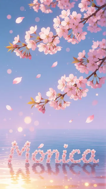 Monica diseño 9 - Composición serena y onírica con ramas de cerezo en flor (sakura) en la parte superior contra un cielo en degradado de azul suave y lila. Pétalos de color rosa pastel flotan delicadamente en el aire cayendo hacia una superficie de agua tranquila y cristalina. En el centro inferior, el nombre está formado por pétalos de flores con un sutil efecto de relieve 3D y tipografía floral, reflejándose sobre el agua que está iluminada por un cálido destello dorado de luz solar en la esquina inferior derecha.