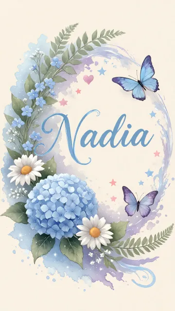 Nadia diseño 1 - Hortensias azules, flores pequeñas y acuarela suave con mariposas azules y brillo etéreo
