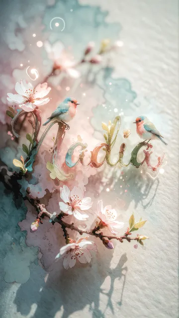 Nadia diseño 11 - Un delicado diseño de estilo acuarela digital que combina una tipografía de caligrafía personalizada para el nombre en tonos dorados y rosados suaves, adornada con pequeñas hojas y brotes. Un pajarito azul y naranja vibrante está posado en una de las letras. Todo está rodeado por un marco circular de ramas de cerezo en flor con delicadas flores rosadas y blancas. El fondo es un lavado de acuarela difuminado en tonos pastel suaves de azul cerceta, rosa rubor y melocotón sobre una textura de papel rugoso, con destellos luminosos y motas de luz bokeh flotando alrededor, creando una atmósfera mágica y soñadora. Las sombras suaves proyectadas añaden profundidad.