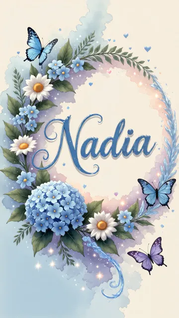 Nadia diseño 4 - Composición magica con nombre en letra cursiva azul, rodeado de hortensias azules, margaritas blancas y delicadas flores silvestres, enmarcado por suaves remolinos de agua, mariposas azules y destellos estelares sobre un fondo etéreo y romántico.