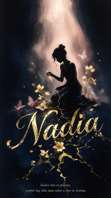 Nadia diseño 6 - Composición de ilustración semirrealista cinematográfica con silueta femenina tejiendo un hilo dorado de luz sobre un suelo oscuro fracturado al estilo Kintsugi, donde el nombre resalta en un prominente guión caligráfico dorado que emerge de las grietas, rodeado de flores blancas, mariposas y un fondo degradado de azules profundos iluminado por una luz celestial en tonos melocotón y crema, con una frase de aliento en tipografía blanca en la parte inferior.