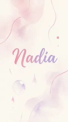 Nadia - Diseño abstracto en acuarela sobre fondo crema, con manchas fluidas y etéreas en rosa pastel y lila, líneas curvas que aportan movimiento, pequeñas gotas salpicadas cayendo verticalmente y una burbuja translúcida en la parte superior izquierda. El nombre resalta al centro con una tipografía cursiva amplia y elegante en degradado rosa a morado.