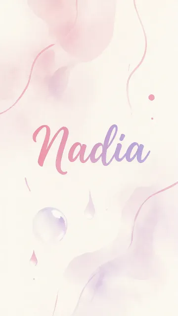 Nadia diseño 7 - Diseño abstracto en acuarela sobre fondo crema, con manchas fluidas y etéreas en rosa pastel y lila, líneas curvas que aportan movimiento, pequeñas gotas salpicadas cayendo verticalmente y una burbuja translúcida en la parte superior izquierda. El nombre resalta al centro con una tipografía cursiva amplia y elegante en degradado rosa a morado.