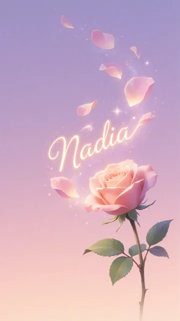 Nadia diseño 8 - Fondo de Pantalla con degradado suave que transiciona de lila en la parte superior a melocotón y rosa pastel en la base, destacando una rosa rosada hiperrealista con tallo y hojas verdes. El nombre brilla en tipografía cursiva con efecto neón cálido, adornado con pétalos cayendo y chispas de luz mágica.