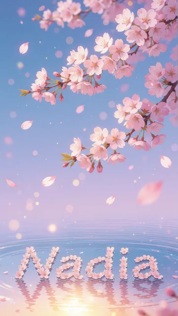 Nadia diseño 9 - Composición serena y onírica con ramas de cerezo en flor (sakura) en la parte superior contra un cielo en degradado de azul suave y lila. Pétalos de color rosa pastel flotan delicadamente en el aire cayendo hacia una superficie de agua tranquila y cristalina. En el centro inferior, el nombre está formado por pétalos de flores con un sutil efecto de relieve 3D y tipografía floral, reflejándose sobre el agua que está iluminada por un cálido destello dorado de luz solar en la esquina inferior derecha.