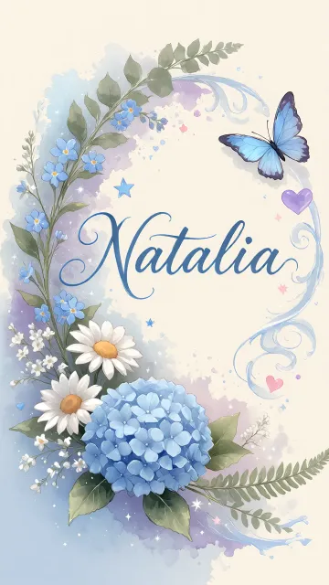 Natalia diseño 1 - Hortensias azules, flores pequeñas y acuarela suave con mariposas azules y brillo etéreo