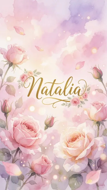 Natalia diseño 10 - Diseño estilo acuarela con un fondo etéreo y texturizado en nubes de tonos rosa pastel y lila suave. Presenta composiciones de rosas abiertas y capullos en los bordes inferior y superior, con pétalos cayendo delicadamente. Incorpora destellos de luz cálida (efecto bokeh) y, en el centro, resalta una tipografía elegante, cursiva y fluida en color dorado.