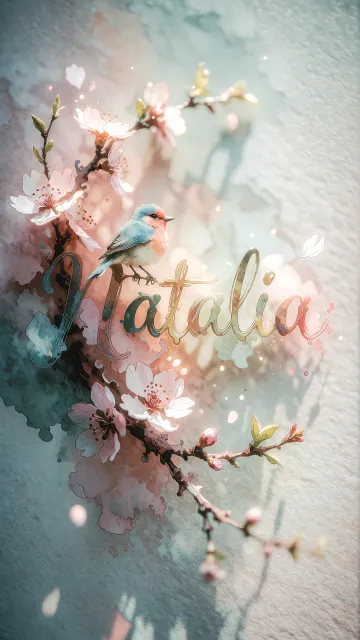 Natalia diseño 11 - Un delicado diseño de estilo acuarela digital que combina una tipografía de caligrafía personalizada para el nombre en tonos dorados y rosados suaves, adornada con pequeñas hojas y brotes. Un pajarito azul y naranja vibrante está posado en una de las letras. Todo está rodeado por un marco circular de ramas de cerezo en flor con delicadas flores rosadas y blancas. El fondo es un lavado de acuarela difuminado en tonos pastel suaves de azul cerceta, rosa rubor y melocotón sobre una textura de papel rugoso, con destellos luminosos y motas de luz bokeh flotando alrededor, creando una atmósfera mágica y soñadora. Las sombras suaves proyectadas añaden profundidad.