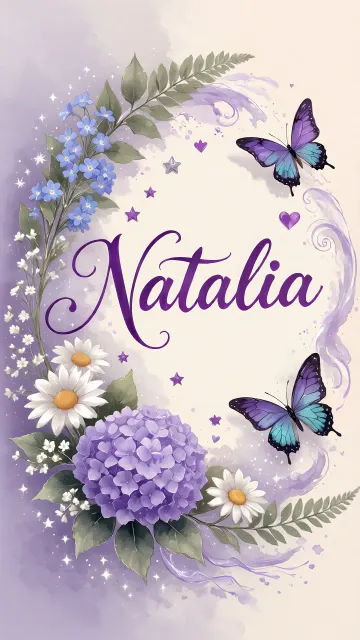 Natalia diseño 2 - Diseño elegante de hortensias en tonos lila y morados suaves, con volutas estilizadas y una mariposa mística que aporta un toque etéreo y mágico.