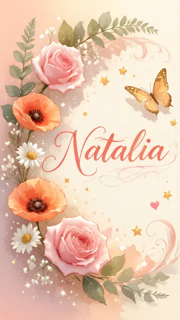Natalia diseño 3 - Elegante composición de rosas rosadas y amapolas naranjas con mariposas doradas brillantes sobre un fondo cálido, romántico y mágico.